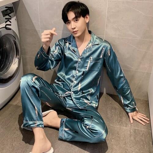 Men Comfortable Pyjamas Plus Size Long Sleeve Casual Home Wear Autumn Silk Boy Pajama Set Leisure Sleepwear Set