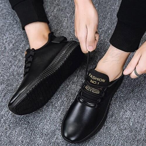 Mens Vulcanize Shoes Autumn Black New Breathable Casual Sports Male Sneakers PU Trainers Lace-up Flat Shoes N8-58