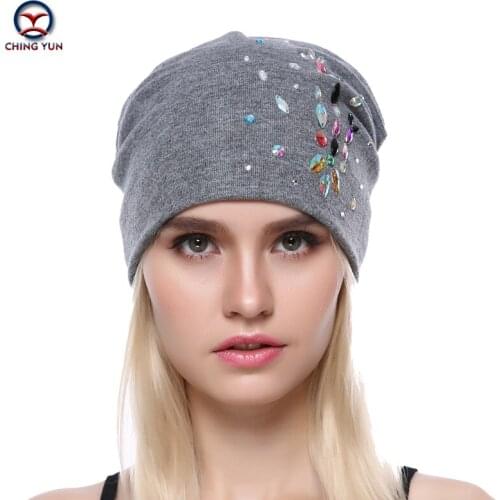 CHING YUN 2019 New Winter Casual Fashion Ladies hat big Rhinestone High Quality Thicker Cashmere Knitted Solid three Colors hat