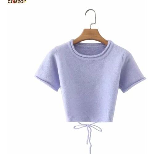 New Arrival Women Backless T Shirt Short Sleeve Crop Top Knitting Lace Clothing INS Fashion Cute Tees Blouses Haut Femme
