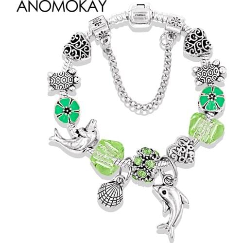 New Ocean Style Green Murano Charm Bracelet Turtle Dolphin Animal Bead Bracelets & Bangles for Child Birthday Gift