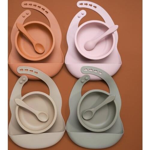 New Product Waterproof baby bibs Solid color Infant Saliva Towel Food Grade Silicone Toddler Plate and Feeding Spoon For Kids