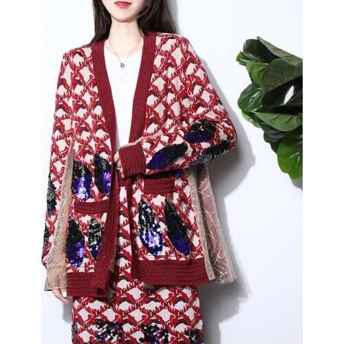 Flower Jacquard Embroidered Casual Loose Cardigan Mesh Patchwork Long Loose Knitted Sweater Winter Sequined Street Wool Jacket