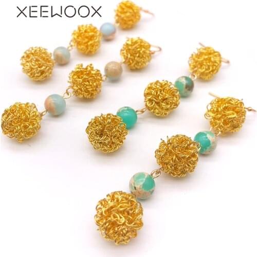 3 Golden color Big Wire Ball Colorful Natural Stone Statement Long Drop Earring For Woman Man Girl XEEWOOX Party New Design Gift