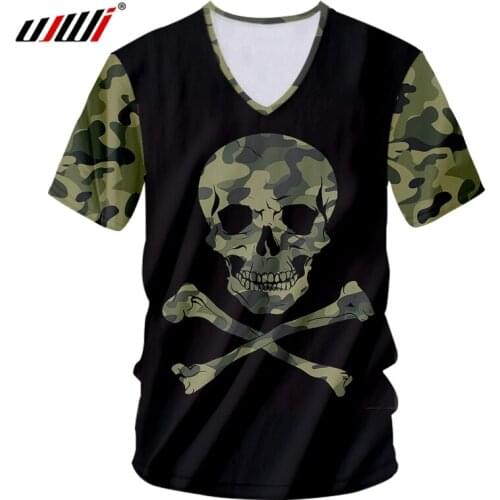 UJWI Splicing 3D Printed Creative Camouflage skull V Neck Tshirt Man Hipster Fitness T-shirt Men Spandex High Quality Tee Shirt