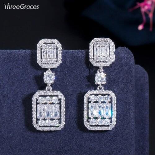 ThreeGraces Sparkling Cubic Zirconia Silver Color Long Square Dangle Drop Earrings for Ladies Summer Style Fashion Jewelry ER630