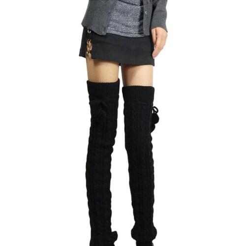 Women Girls Winter Braided Cable Knit Thigh High Long Leg Warmers Solid Color Crochet Thermal Boots Cuff Socks with Pompom Ball