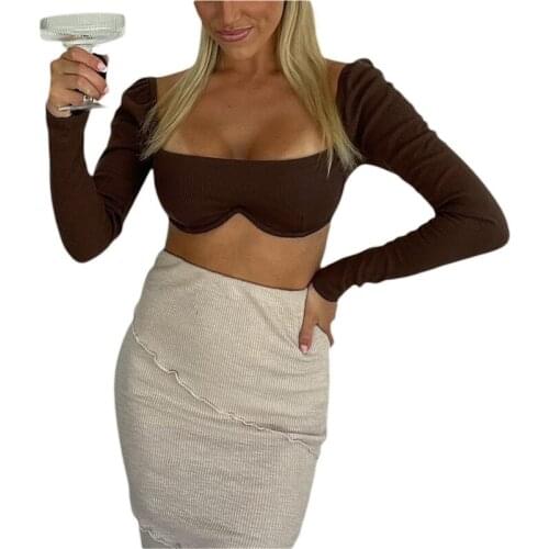 Womens Sexy Solid Color Rib Knit Crop Tops Long Sleeve Square Neck Stretchy Exposed Navel Blouse Caual Slim Tee Top Streetwear