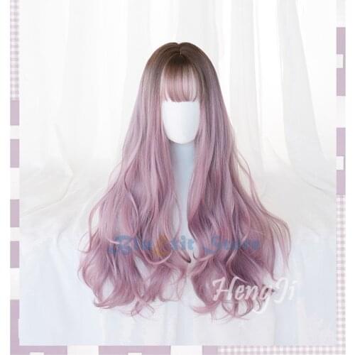 Harajuku Gradual Purple Beige Lolita Wig Women Long Curly Hair Body Wave Fringe Bangs Adult Chic Girls Cosplay Daily Wear