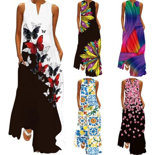 2021 Summer New Mid-length V-neck Multicolor Sexy Sleeveless Dress European and American Retro Print Long Skirt