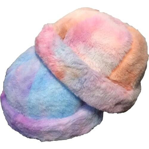 Bucket Hat Sweet Girl Rainbow Color Warm Lamb Wool Cotton Spring Winter