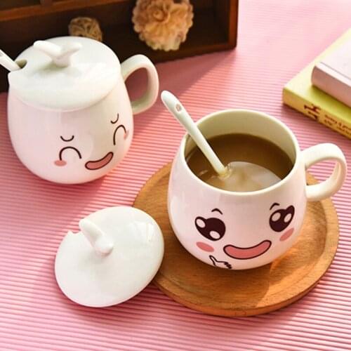 300ml Creative Cartoon Expression Ceramic Cup Lid And Spoon Cute Expression Breakfast Milk Cup Drink Coffee Cup Novelty Gift