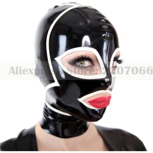 Black and White Trims Women Sexy Latex Mask Handmade Rubber Fetish Club Hood RLM195