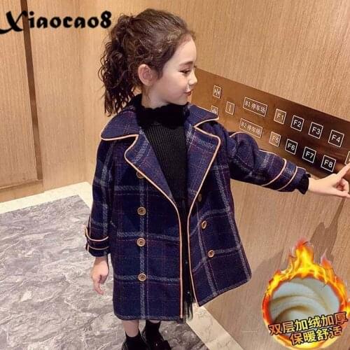 Children Toddler Girls Winter Thick Velvet Coat Kids Long Sleeve Plaid Pocket Outerwear 3-13 Years Kids Long Jackets for Girls