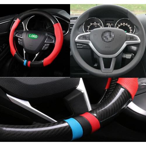 For Skoda series Universal Size M Car Steering Wheel Cover Carbon Fiber Red Leather
