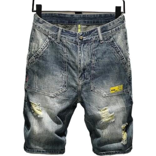 Denim shorts mens summer thin loose-fitting mid-pants tide brand Recreational shorts Beach pants Denim shorts exterior wear