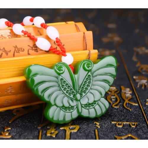 CHINESE GREEN JADE BUTTERFLY PENDANT JADEITE NECKLACE CHARM JEWELLERY FASHION ACCESSORIES HAND-CARVED LUCK AMULET GIFTS FW8