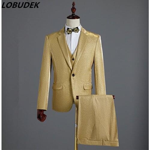 Jacket+Vest+Pants) 3-Pieces Formal Mens Suits Gold Bright Silk Blazers Male Singer Prom Stage Show Suit Groom Wedding Dress
