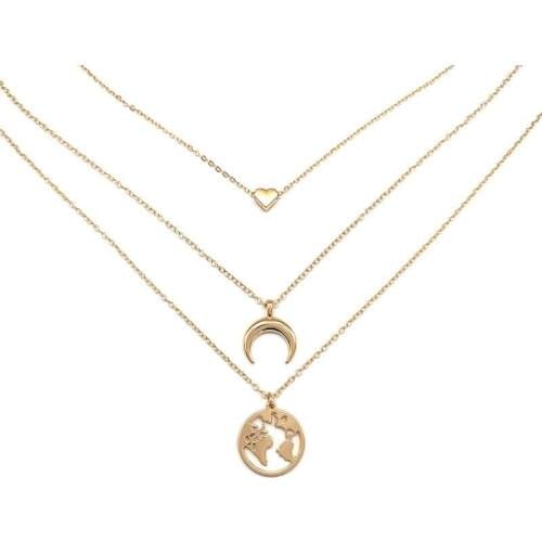 Creative Heart-shaped Map Moon Gold Necklace Charming Multi-layer Chain Pendant Accessories Creative Girl Party Jewelry Gift