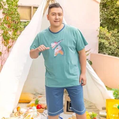 Summer mens plus size pajamas pullover cartoon short-sleeved shorts round neck fat guy home service casua100kg