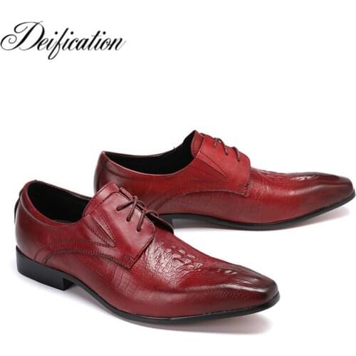 Deification Lace Up Leather Men Dress Shoes Square Toe Italy Retro Style Business Wedding Formal Shoes Red Wine Office Flats 46