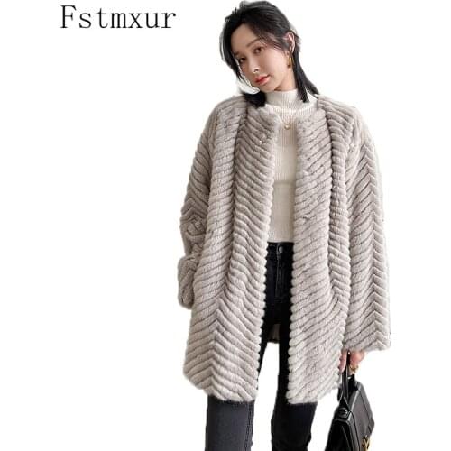 Fstmxur 2021 New Update Autumn And Winter Copenhagen Imports Womens Full Sleeve O-Neck Natural Striped Medium Mink Fur Coats