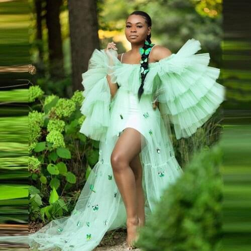 New Arrival Mint Green Butterfly Tulle Dresses Off The Shoulder Puffy Sleeve Tulle Maternity Dress For Photography Women