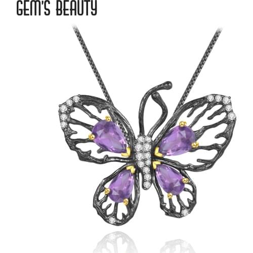 GEMS BEAUTY 925 Sterling Silver Necklace For Women 2021 Natural Pear Cut Amethyst Handmade Butterfly Pendant Anniversary Gift