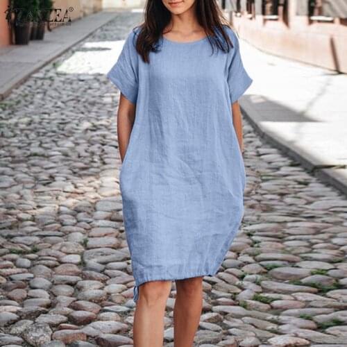 Casual Loose Short Sleeve Robe ZANZEA Cotton Linen Knee Vestidos 2021 Summer Lady Vintage Dress Oversize Womens Solid Sundress