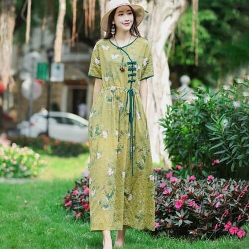 Holiday Outdoor Travel Casual Dress 2021 New Arrival Print Floral Prairie Chic Vintage Dress Thin Soft Cotton Linen Summer Dress