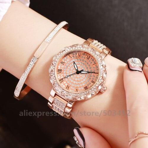 50pcs/Lot Luxury Rhinestone Crystal Watch For Women Fancy Alloy Round Dial With Diamond Wristwatch Ladies No Logo Watch Clock