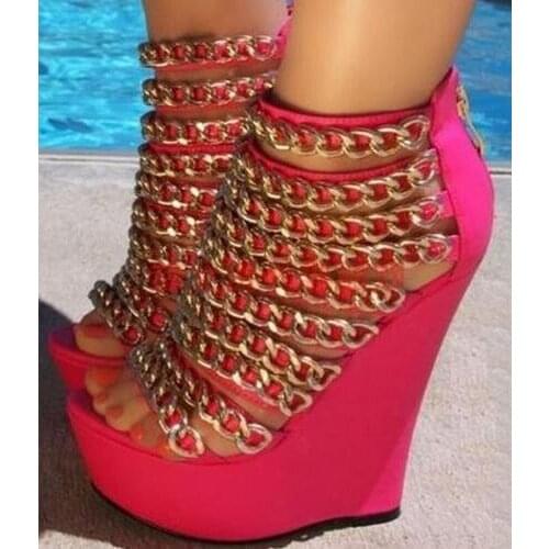 Gold metal chains pink wedge sandal peep toe cover heel wedge heel gladiator sandal boots woman platform sandal summer booties