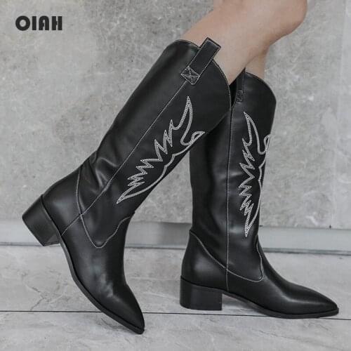 Oiah Cowboy Boots for Women Pointy Toe Cowgirl Boots Square Heels Knee High Boots Retro Women Shoes 2020 New womens boots
