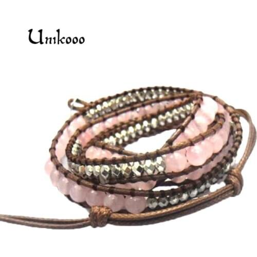 Unique Pink Stone with Silver plated CCB Beads 4 Strands Wrap Bracelets Handmade Bohemian Weaving Bracelet Dropshipping