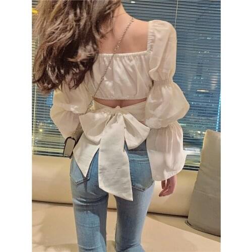 2021 Summer Elegant Casual Blouses Women Long Sleeve Backless Bow Vintage Tops Korean Fashion Sweey Y2k Shirts Square Collar