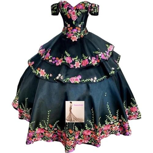 Fashion Mexican Charro Printed Floral Flowers Real Photo Ball Gown Sweet 15 Dresses for Quinceanera Party Prom Formal Corset