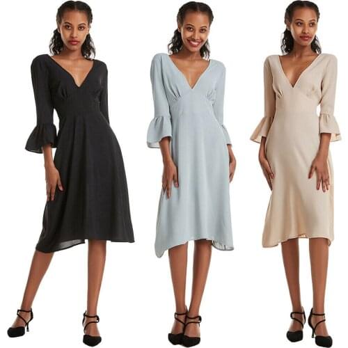 Summer Women Deep V-Neck Dress Flare Sleeve Backless Solid Color Party Dresses Ladies Clothing
