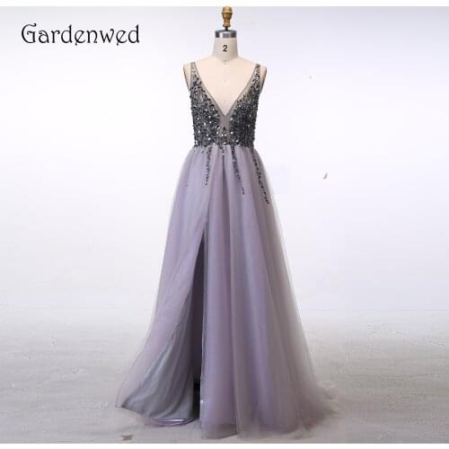 Gardenwed Sexy Light Lilac Formal Gown Dress Long 2019 Vintage Deep V Neck Beaded Evening Gowns for Woman robe de soiree