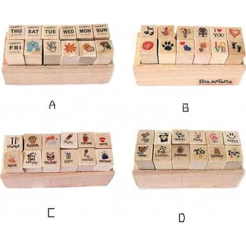 12pcs/set 4 designs wooden stamp Cute Cartoon Pattern Set Happy Life Love & Travel Dairy Wooden Rubber Stamp DIY tool