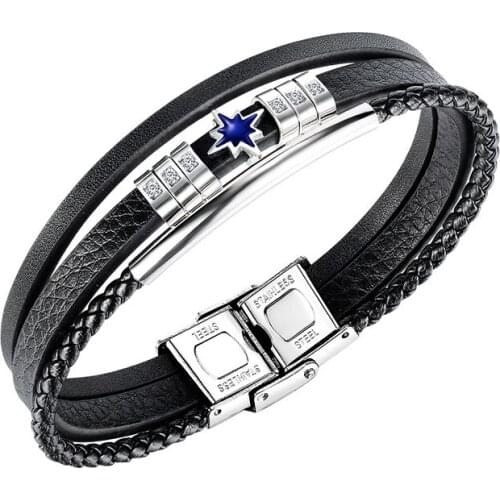 Stainless Steel Cubic Zirconia Black Leather Bracelet Men Bangles Braided MultiLayer Punk Jewelry Personalized Friend Wholesale