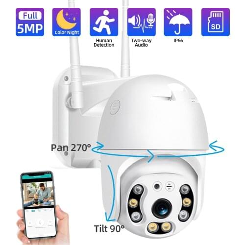 5MP WiFi IP Camera Outdoor Waterproof PTZ Camera Two Way Audio Human Detection Colorful Night Vision Surveillance Camera TF Card