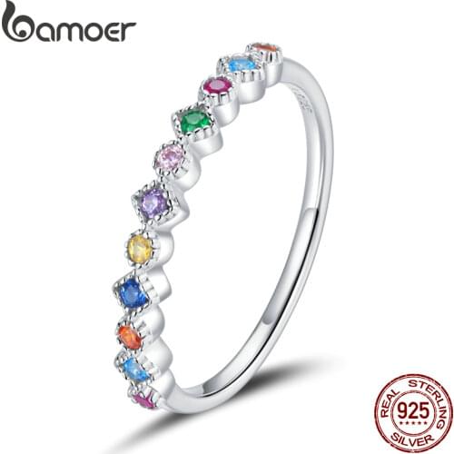 BAMOER Sterling Silver 925 CZ Signet Ring Engrave Rainbow Finger Rings for Women wedding ring Size Korean Style Jewelry SCR697
