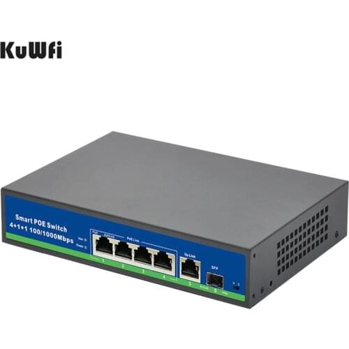 48V Power Gigabit 10/100/1000Mbps 4 Port POE Switch With 1Uplink And 1SFP Port For POE Camera Support Vlan MDI/MDIX Auto Flip