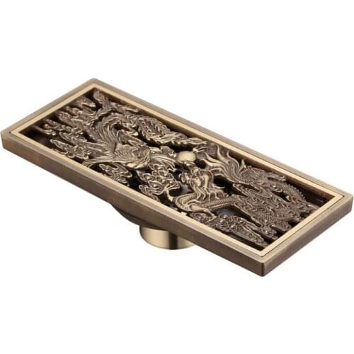 Chinese Style Antique Brass Bathroom Linear Shower Drain Floor Drainer Trap Waste Grate Strainer Dragon And Phoenix