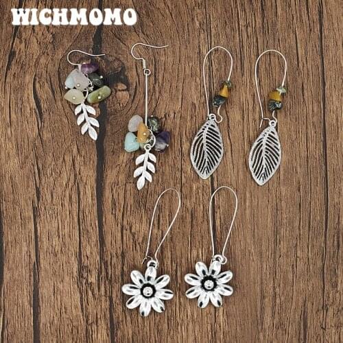 WICHMOMO Retro Zinc Alloy Cute Flower Leaves Natural Stone Earrings Womens Accessories Gifts EST023