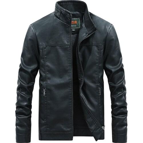 Men large size leather jacket autumn solid color stand collar Loose casual motorcycle wear thick PU coat zipper windproof warm