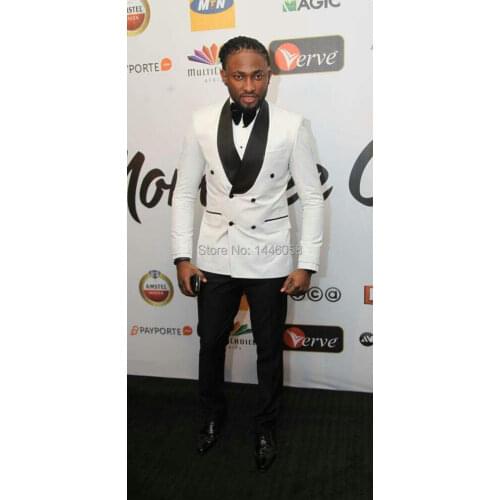 2018 New Fashion White Jacket Black Pants Double Breasted Mens Wedding Suits Party Prom Tuxedo Groomsmen Suits Groom Tuxedos