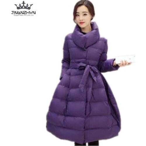 2019 New Winter Fashion Down Cotton Parkas Women Slim Belt Thicken Wadded Jacket Stand-Collar Warm Long Cotton Coat Parkas A1449
