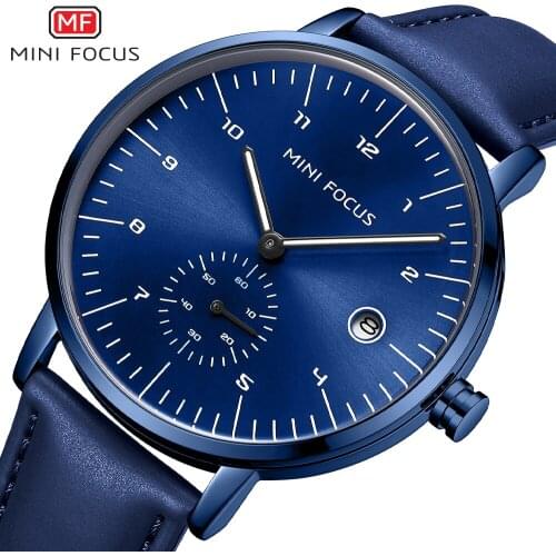 MINI FOCUS 2021 New Mens Watches Fashion Quartz Wrist Watch Men Simple Leisure Waterproof Blue Leather Watch Relogio Masculino