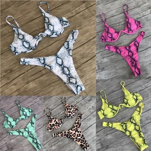 2021 New Womens Foreign Trade Womens Split Swimsuit Sexy Leopard Snake Skin Printed Bikini Thongs Plus Size Swimwear